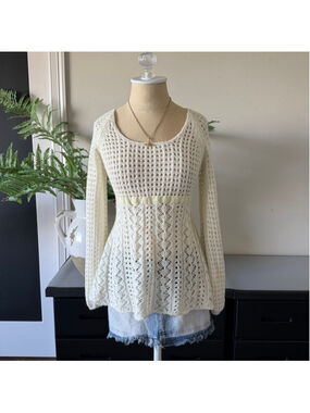 Vintage A.n.a Crochet Cream Babydoll Long Sleeve Top Velvet Tie M